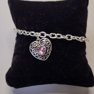 NRO Silver plated Bracelet Heart Charm with Pink Crystal